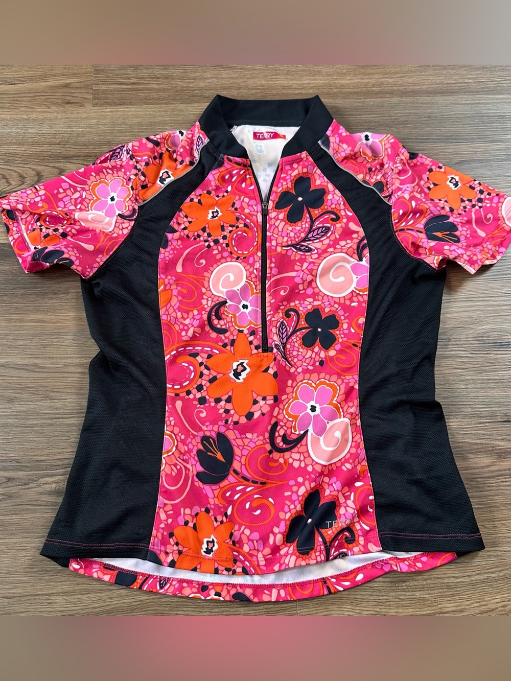 Terry Bicycles Womens Cycling Jersey 1/2 Zip Pink Floral XL Short Sleeve Pockets